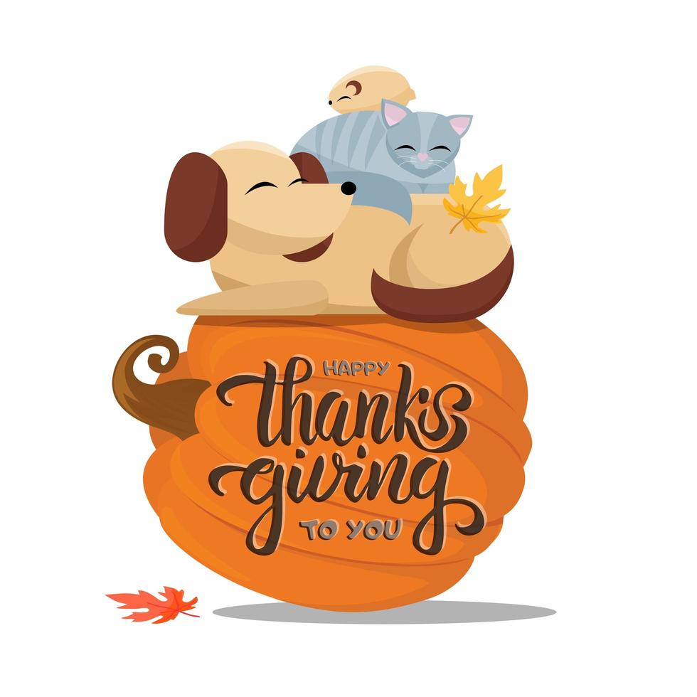 hand getekende happy thanksgiving aan u typografie poster met platte cartoon vectorillustratie kat slaapt comfortabel op hond, hamster slaapt op kat. volle dieren slapen op een grote pompoen vector