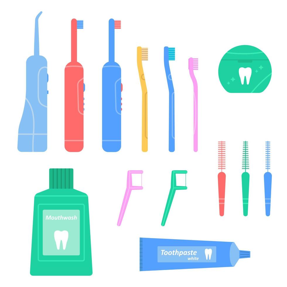 tandheelkundige reiniging tools set. hygiëne en mondverzorging. flosser, irrigator, mondwater, tandenborstel en tandzijde. vectorillustratie in vlakke stijl op witte geïsoleerde achtergrond. vector