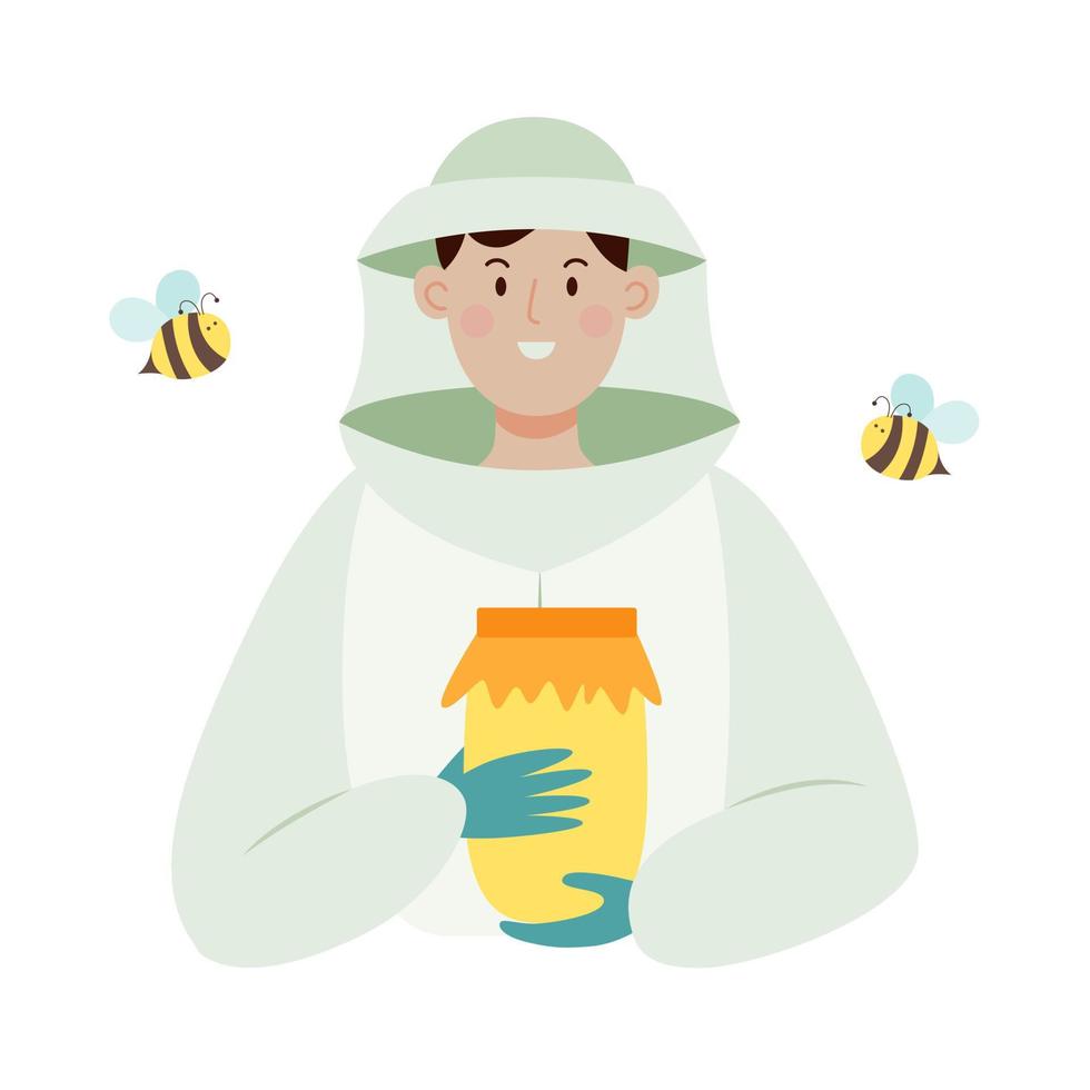 imker mannelijk personage in een bijenbeschermingspak met een pot honing. platte vectorillustratie geïsoleerd op een witte achtergrond. vector
