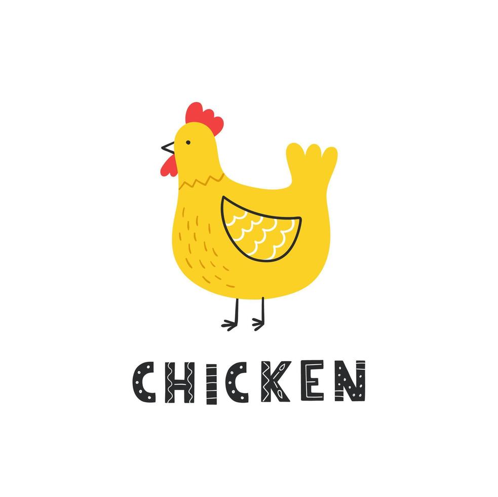 hand getekende schattige kip met tekst. grappige binnenlandse vogel en belettering. vectorillustratie voor t-shirt, poster, boeken en meer. vector