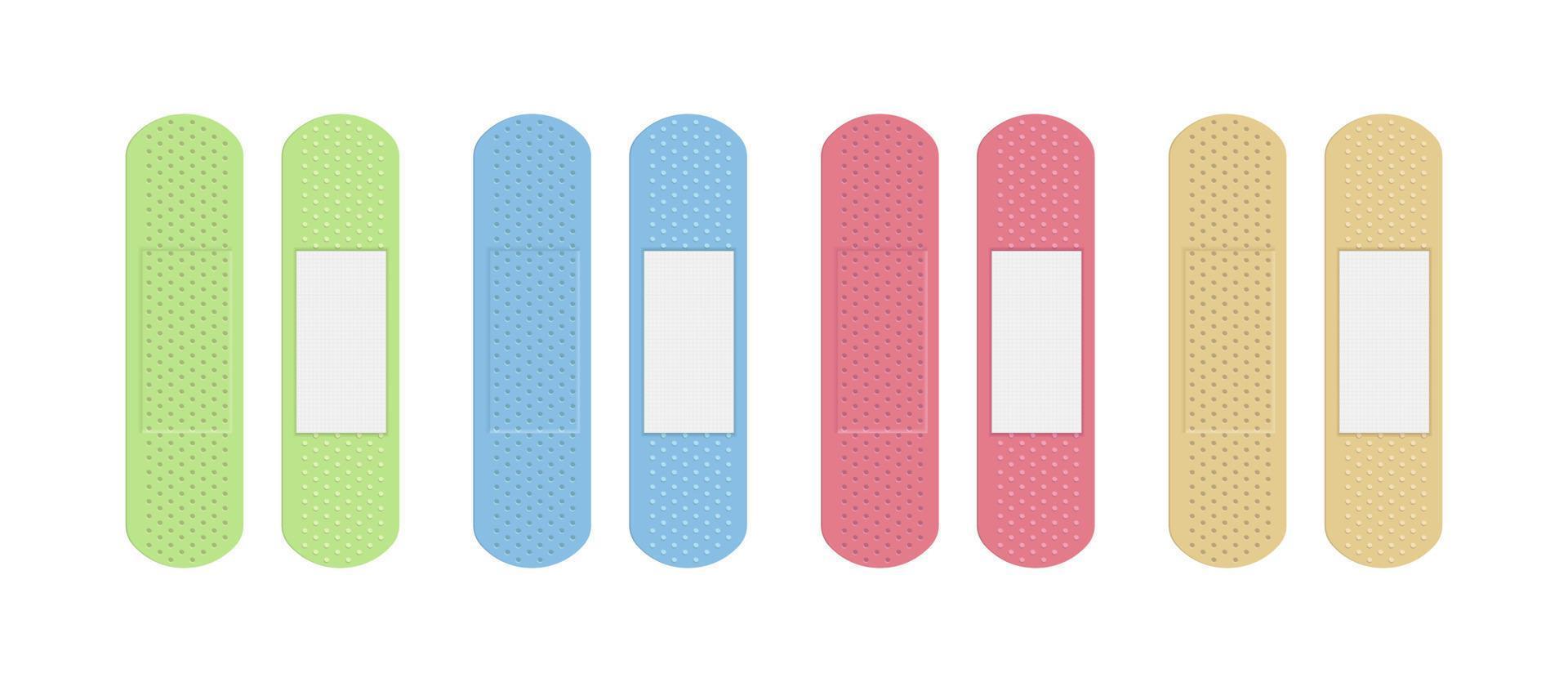 medische zelfklevende pleister van verschillende kleuren set. medische bandage beige, groen, roze en blauw. vector