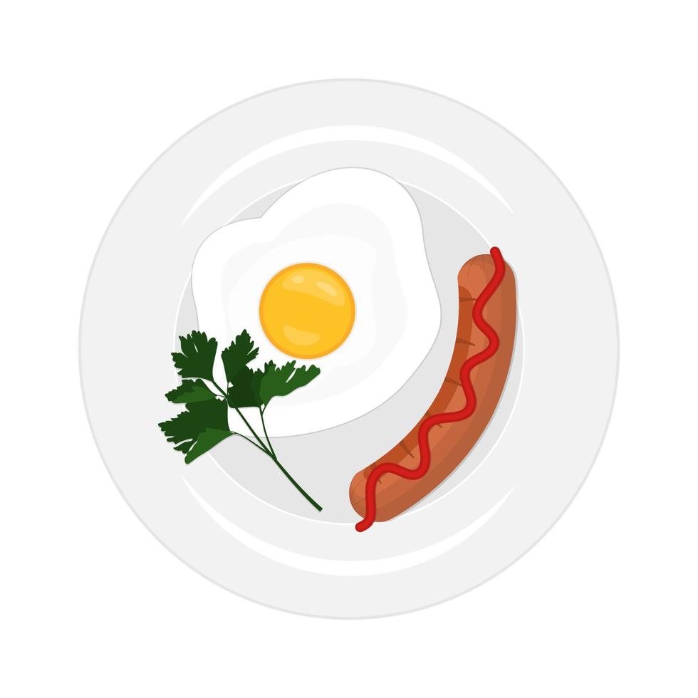 klassiek ontbijt. gebakken ei en worst met ketchup. vectorillustratie. vector