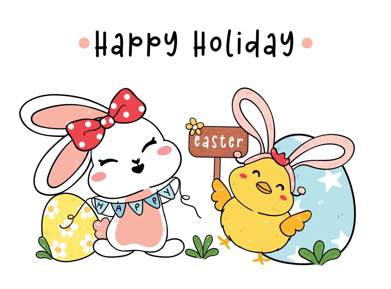 schattig baby konijntje wit konijn met baby smiley kip draag konijnenoren, vieren Pasen, cartoon tekenen schets, fijne vakantie vector
