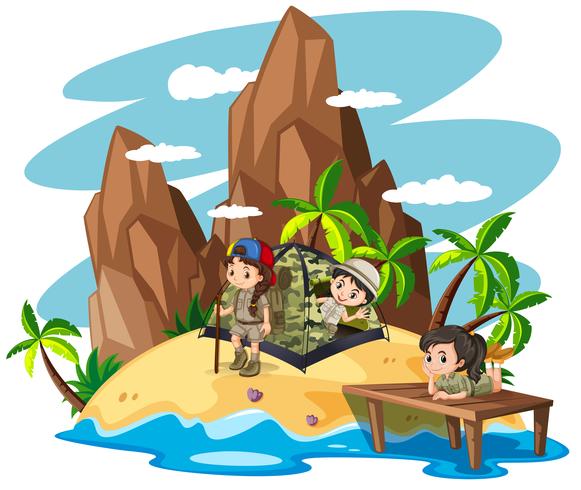 Kinderen kamperen op het eiland vector