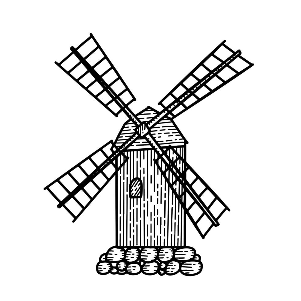 molen. hand getekende vintage windmolen. gegraveerde lineaire stijl vectorillustratie geïsoleerd op een witte achtergrond. elementen windmolen, zwaluwen vector