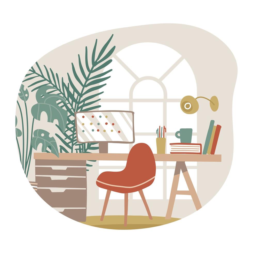 woonkamer interieur geïsoleerd concept, hygge werkruimte met raam, tafel, stoel, scherm voor freelance werk. thuiskantoor. platte hand getekende illustratie. vector