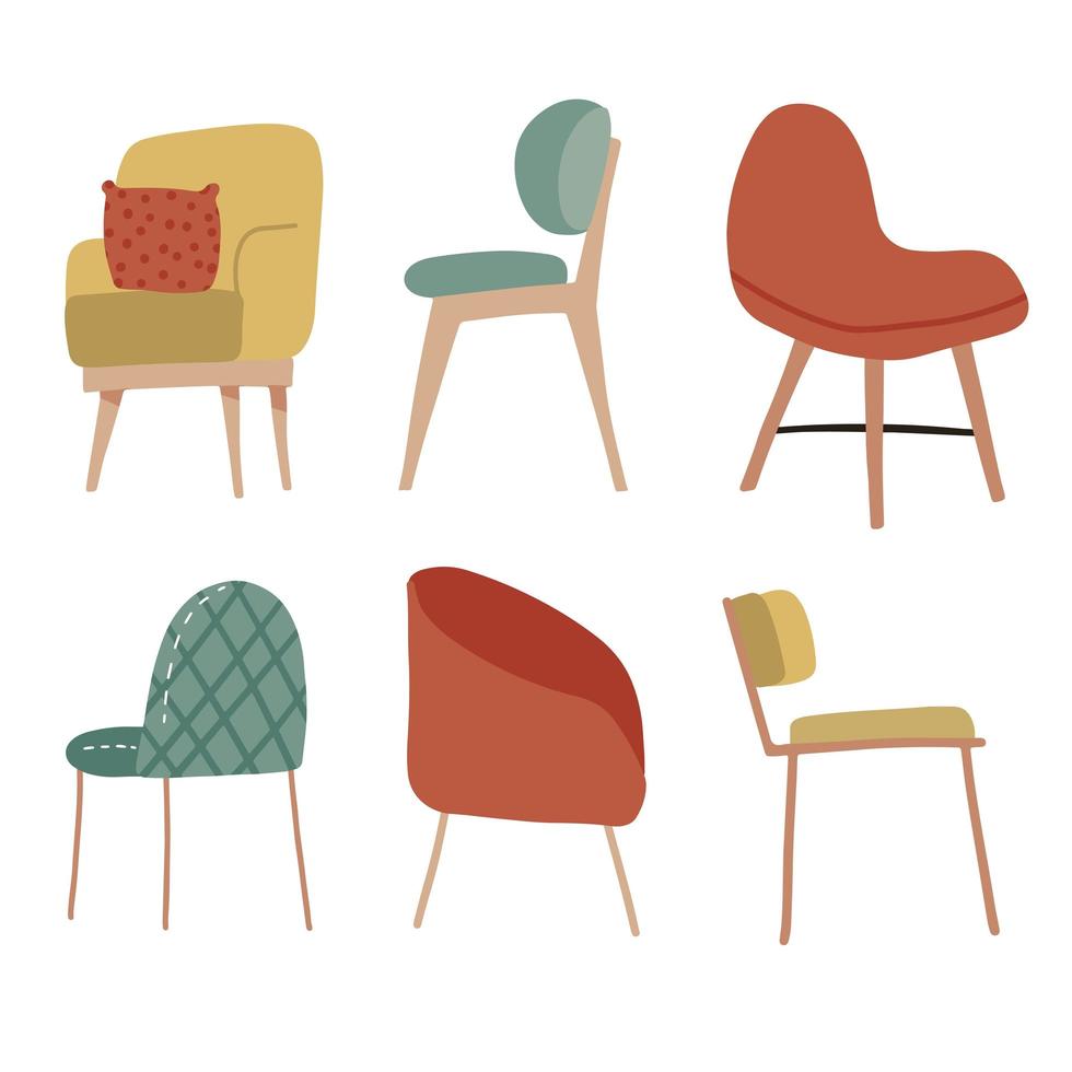 set handgetekende gezellige zachte stoelen. verzameling scandinavische plaatsen. vector platte hand getekende illustratie.