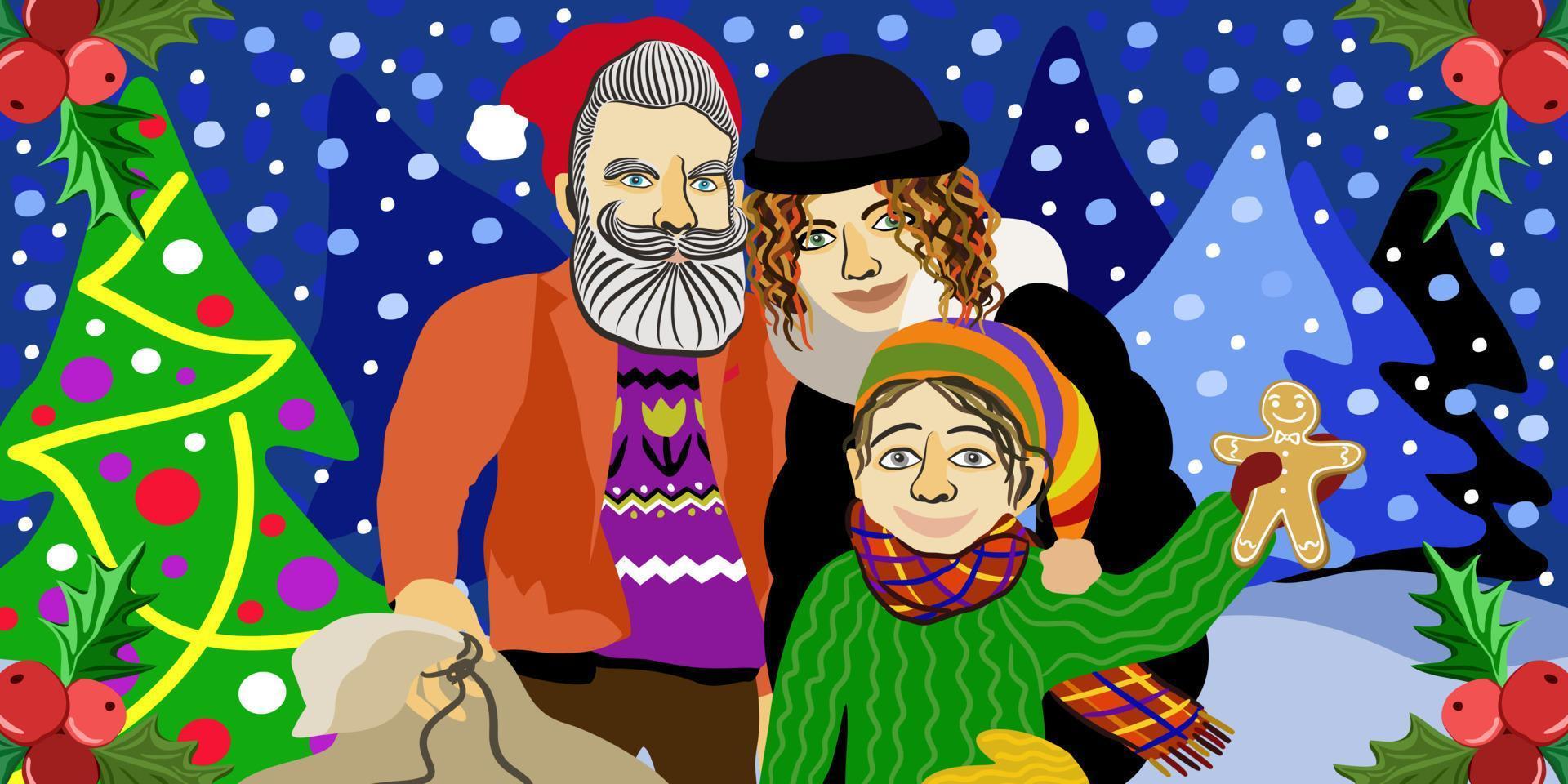 familie in de winterbos. kerst concept. vector