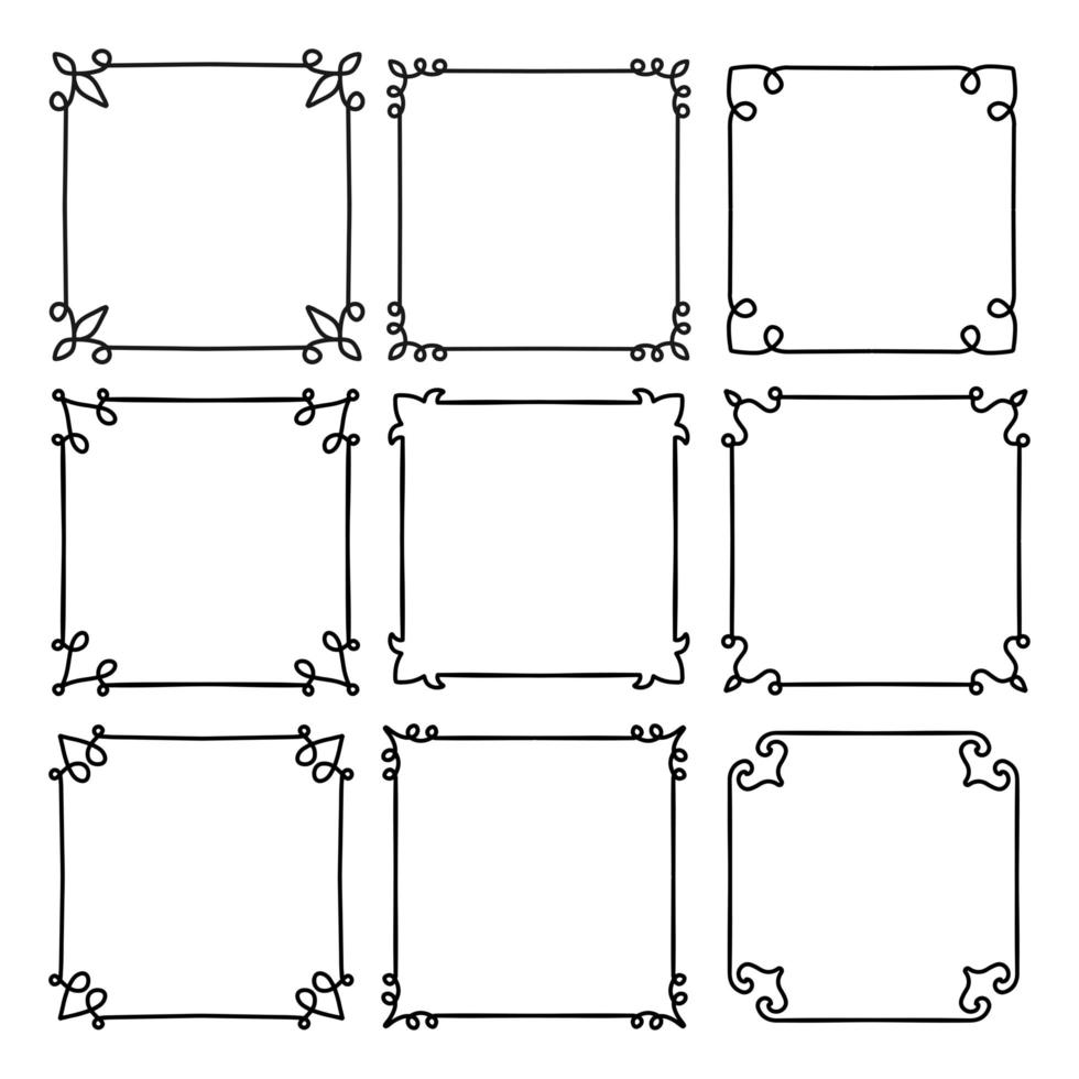 set zwarte eenvoudige lijnframes. verzameling doodle vierkante abstracte randen. hand getekend vectorontwerp. lineaire afbeelding voor banners en kaarten. vector