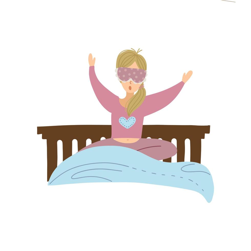 jonge vrouw gaat naar bed of wordt wakker. blond meisje geeuwen en slaperig. vrouwelijk personage in de dressing om te slapen met gezichtsmasker. geïsoleerde vectorillustratie platte hand dtawn. vector