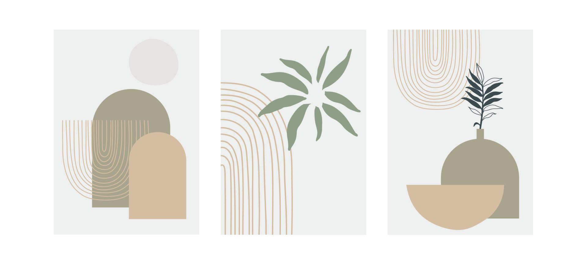 set van drie pastel posters met gebladerte, regenboog en abstracte vormen, vectorillustratie. minimale Scandinavische bladeren en planten art print. abstractieontwerp voor achtergrond, behang, kaart, muurkunst vector