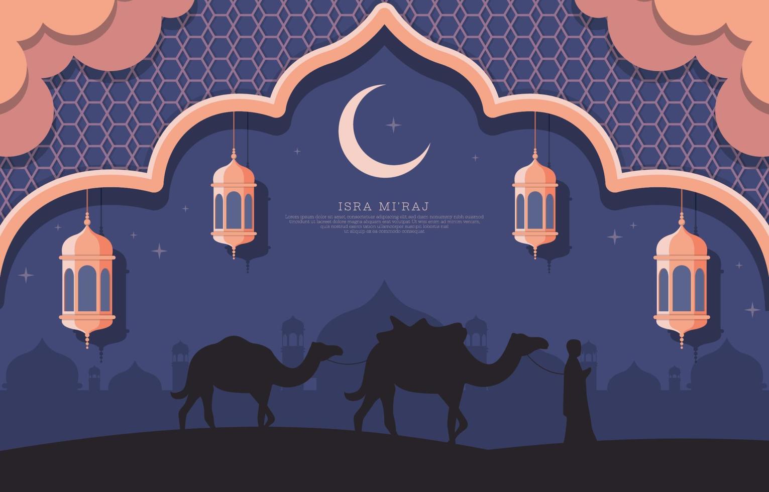 isra mi'raj achtergrond met lantaarn en moskee vector