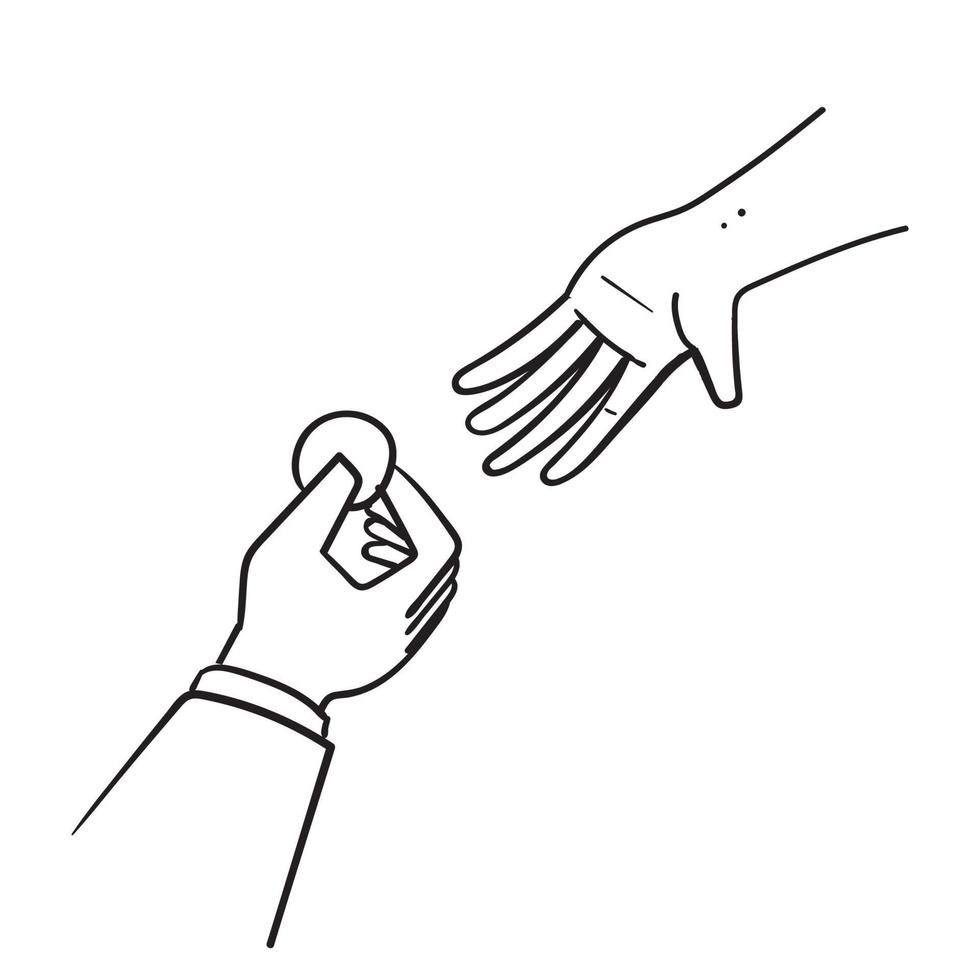 hand getrokken doodle hand geven en nemen geld munt illustratie geïsoleerd vector