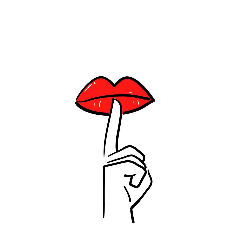 handgetekende hand op lippen symbool voor niet storen icoon, doe alsjeblieft rustig, pssst, stilte lijn in doodle stijl vector