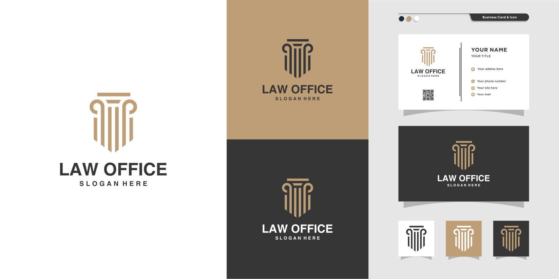 advocatenkantoor logo en visitekaartje ontwerp. goud, firma, wet, pictogram justitie, visitekaartje, bedrijf, kantoor, premium vector