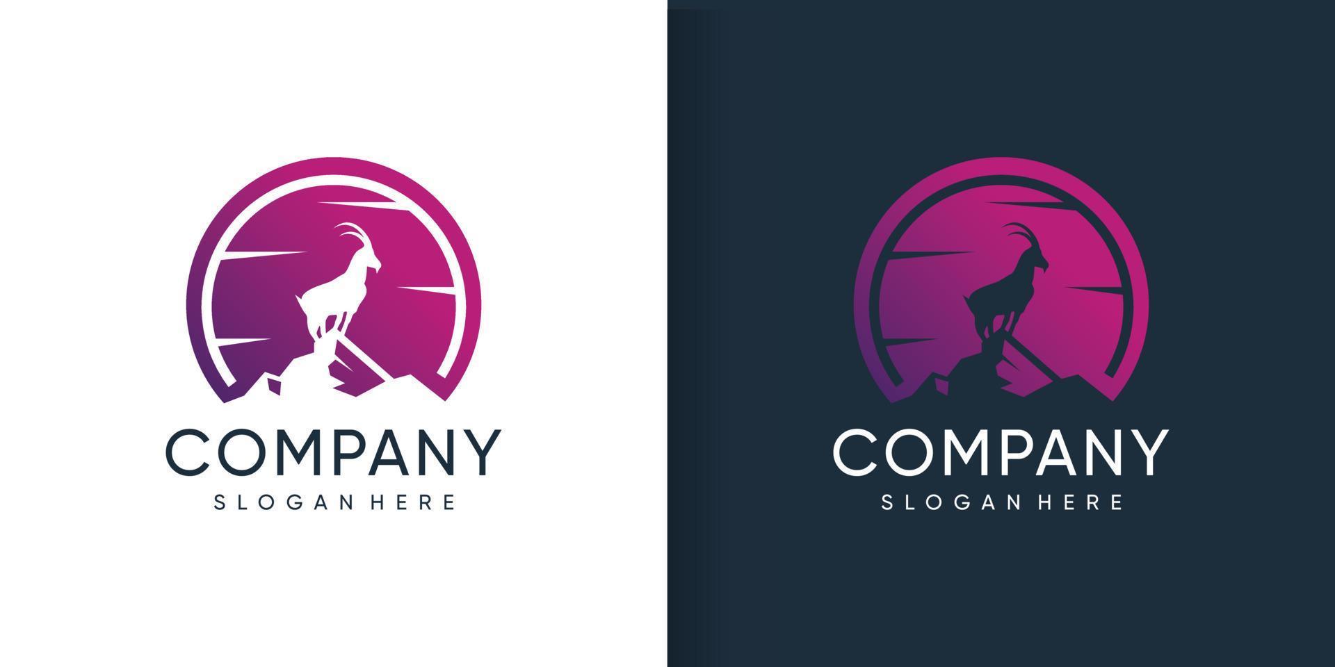 geit logo staande in de berg met silhouet concept premium vector