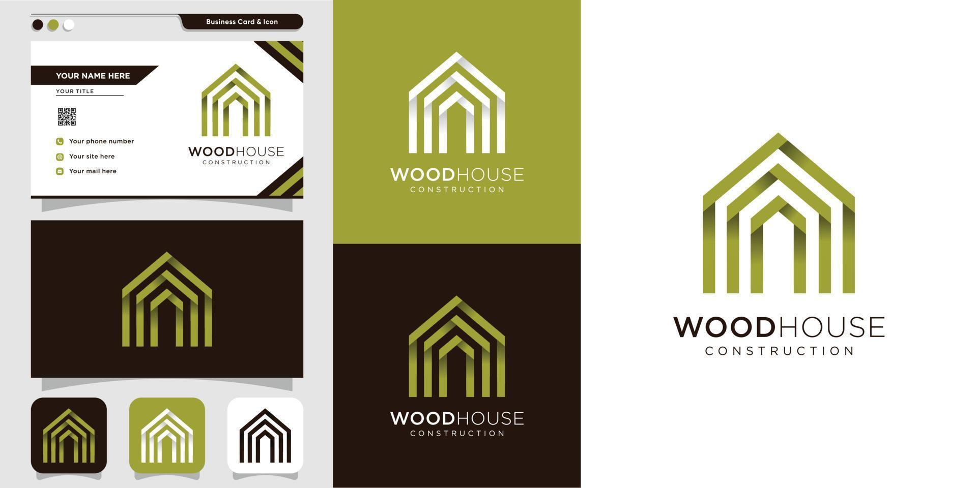 houten huis logo en visitekaartje ontwerpsjabloon, modern, hout, huis, huis, constructie, gebouw premium vector