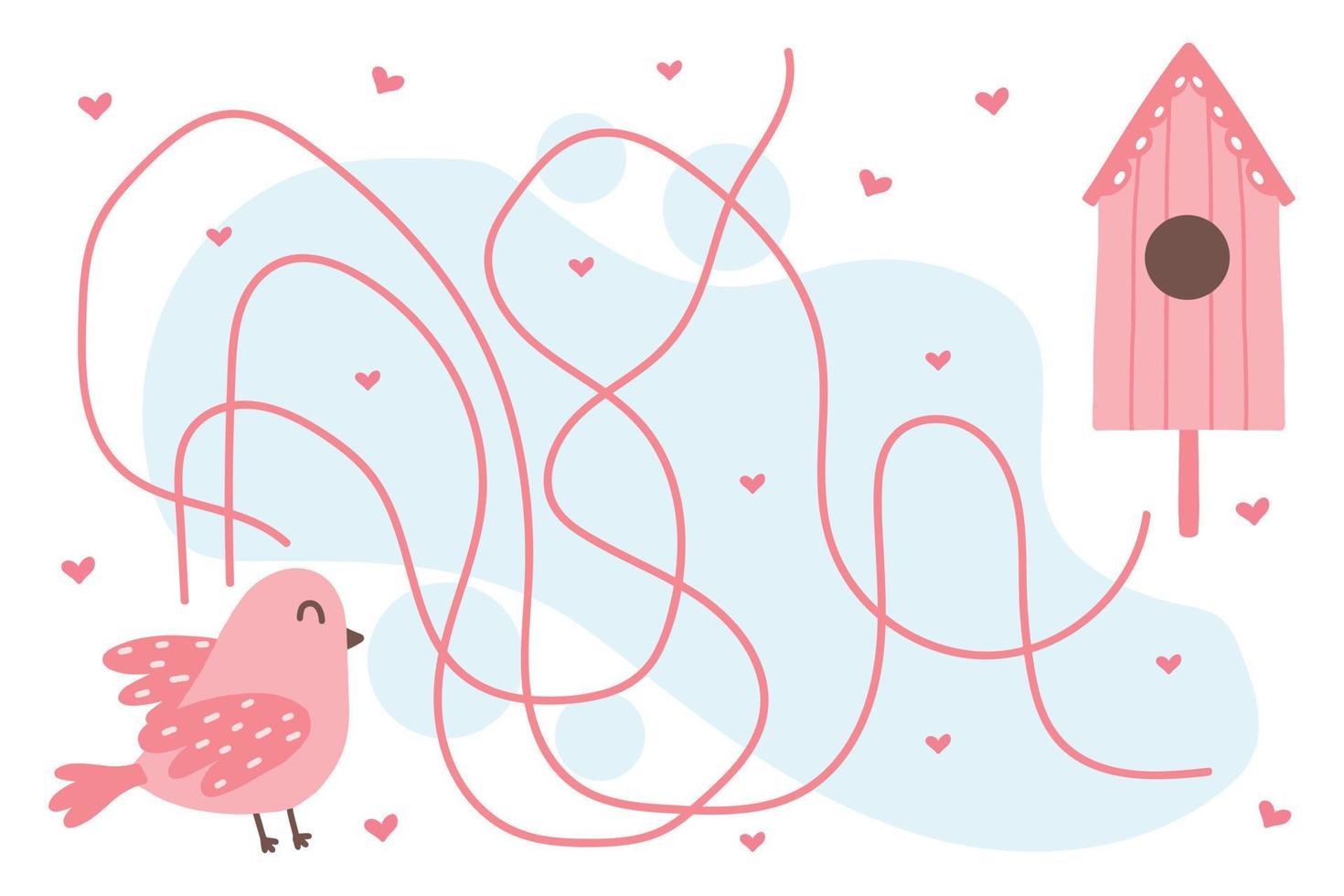 schattig kinderdoolhof met een vogel en een vogelhuisje. kinderpuzzel met een vogel in roze kleuren. help de vogel om naar het huis te gaan. vectorillustratie in cartoon-stijl. vector