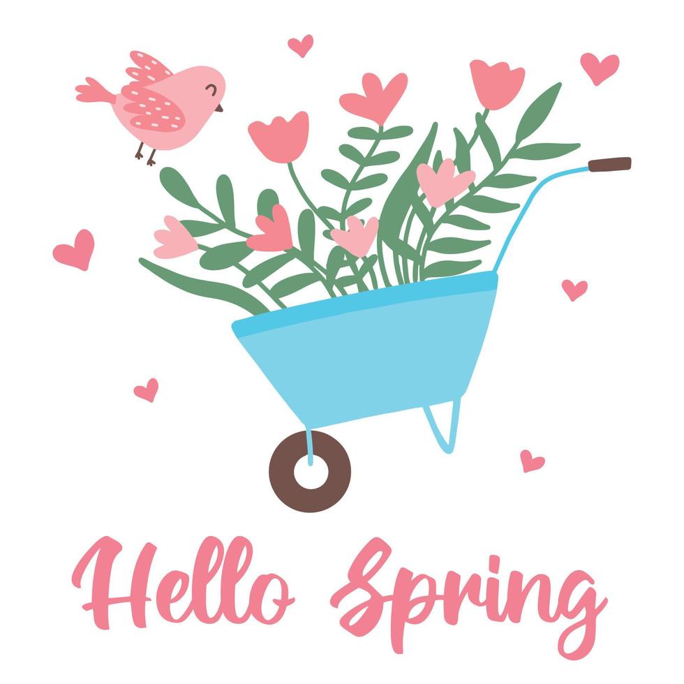 leuke ansichtkaart met tuinkruiwagen en bloemen. tuin kruiwagen met bloemen en een vogel. lente ansichtkaart. vectorillustratie in cartoon-stijl. vector
