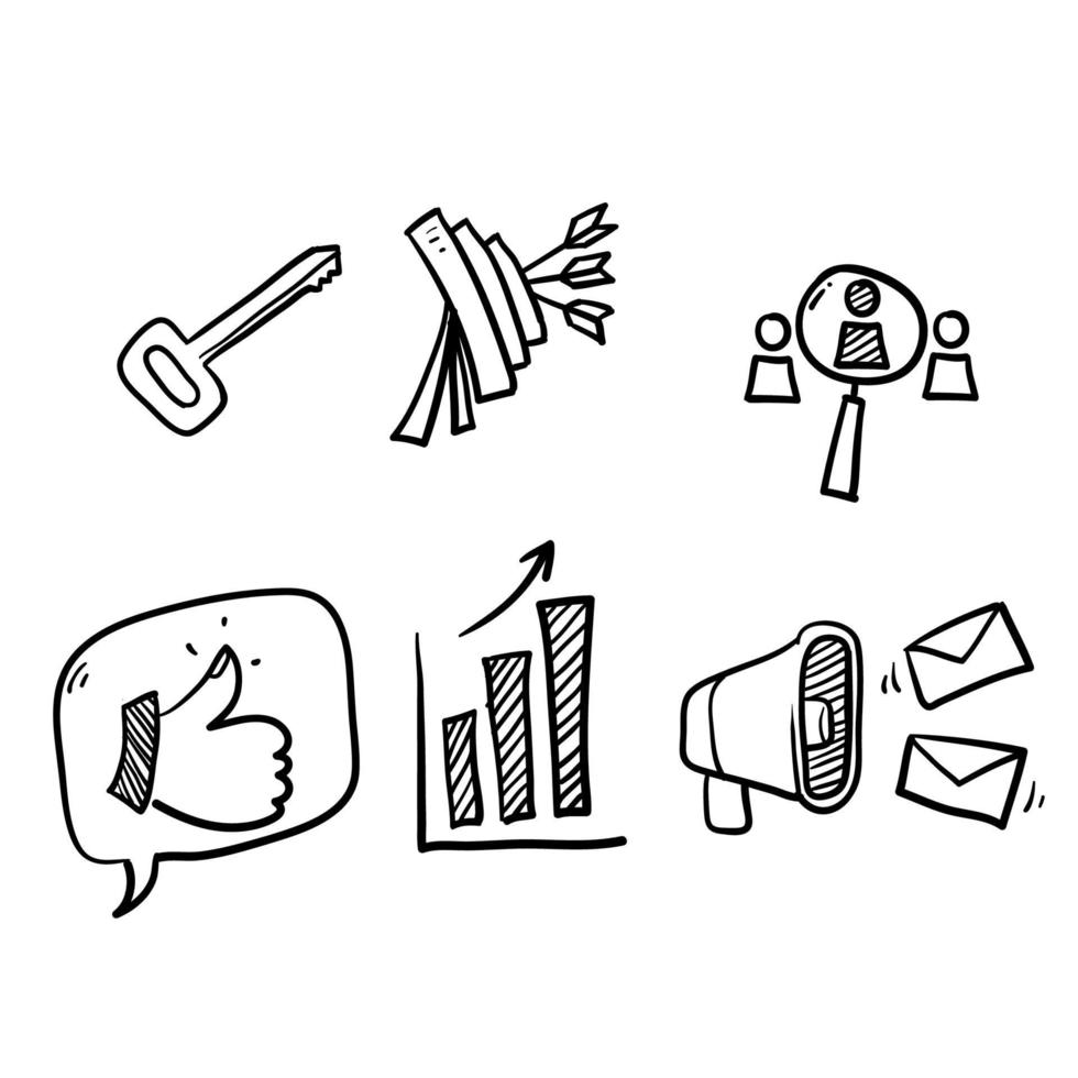 hand getekende eenvoudige set van marketing gerelateerde vector lijn iconen in doodle stijl vector geïsoleerde background