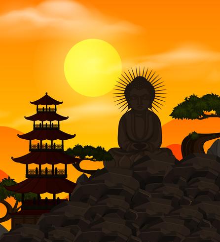Chinese sjabloon met Boeddha figuur bij zonsondergang vector