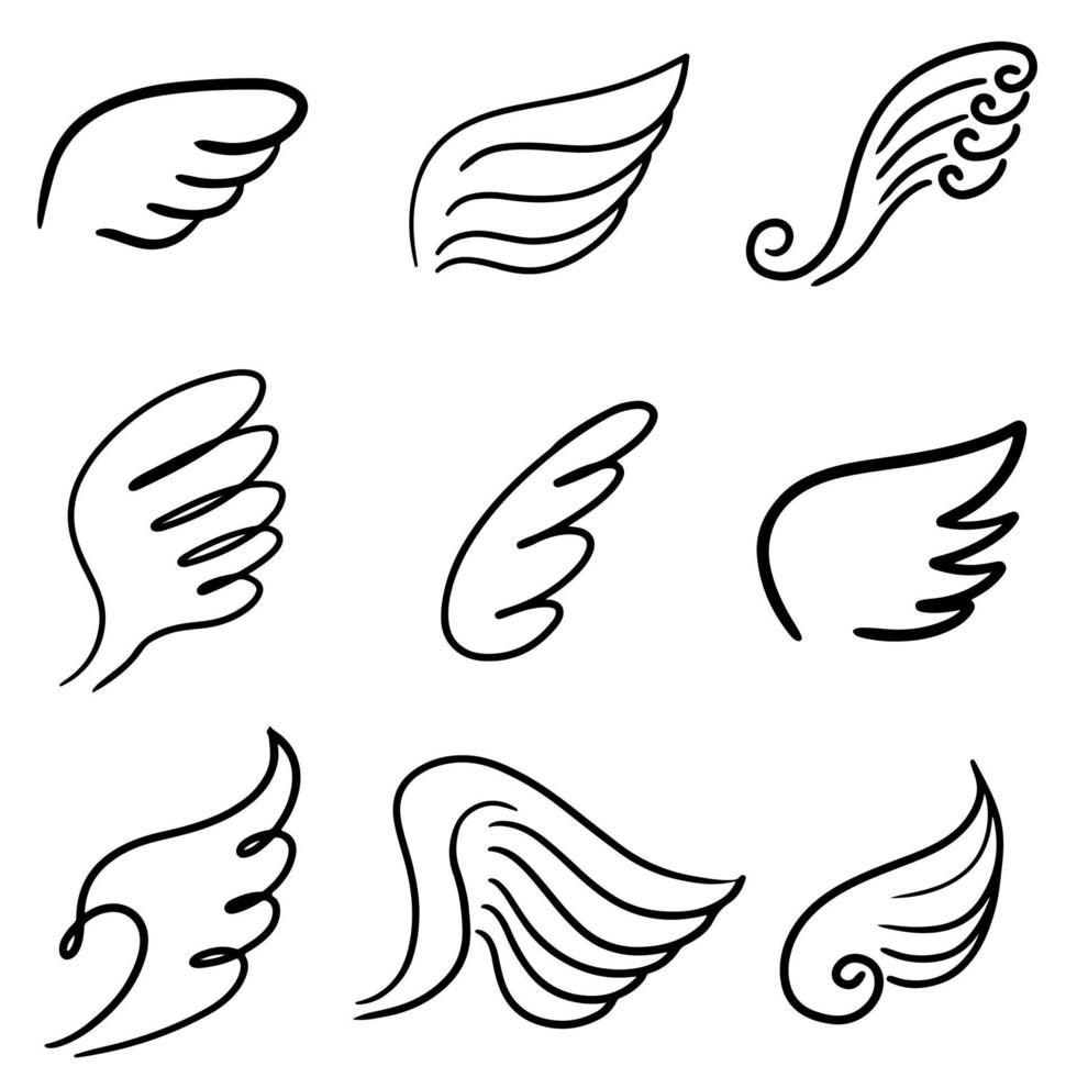 set van abstracte vleugels in lijn kunst doodle stijl geïsoleerd op een witte achtergrond. vectorillustratie. vector