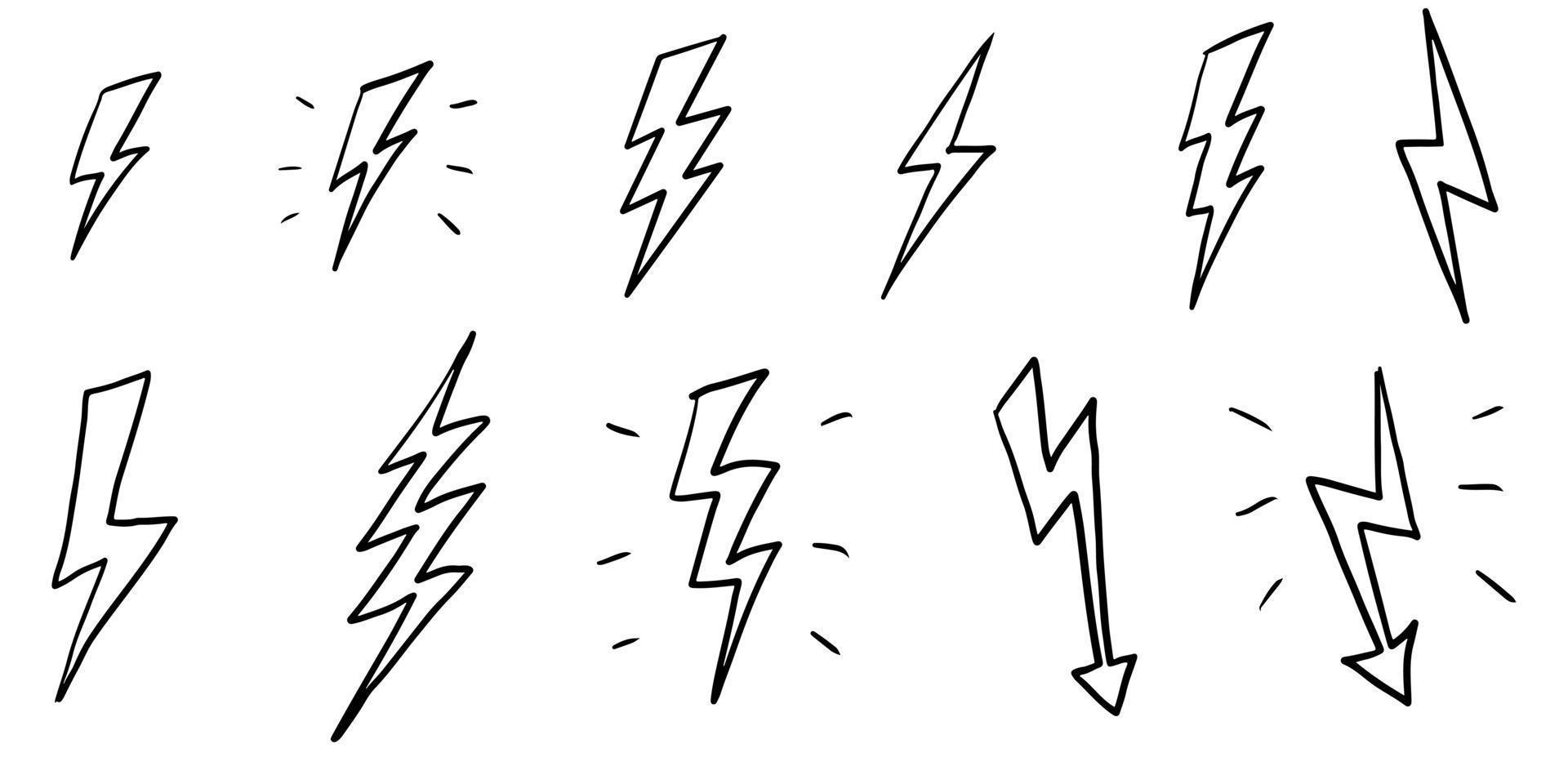 set hand getrokken doodle elektrische bliksemschicht symbool schets vectorillustraties. vectorillustratie. vector
