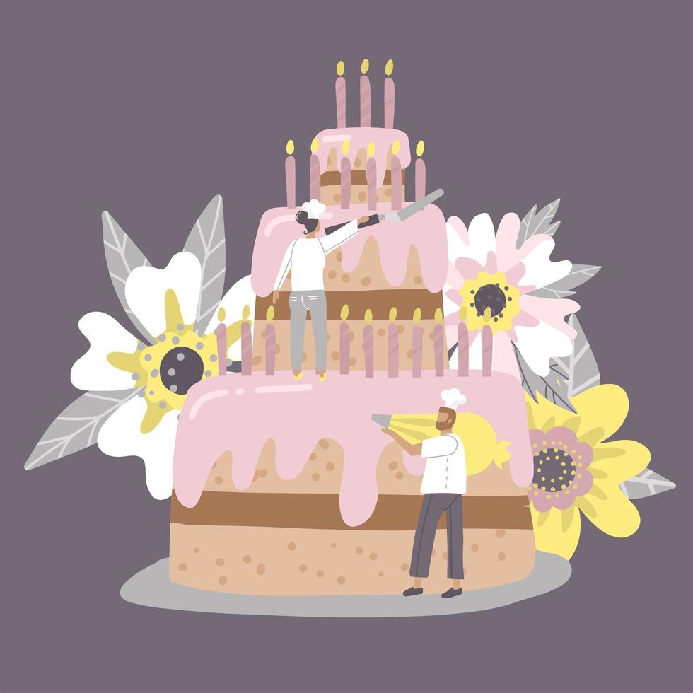 mensen koken feestelijke cake met room en aardbeien. kleine karakters in chef-kokuniform en hoeden die grote taart versieren. teamwork, bakkerij, gigantisch dessert voor verjaardag of bruiloft. platte vectorillustratie vector