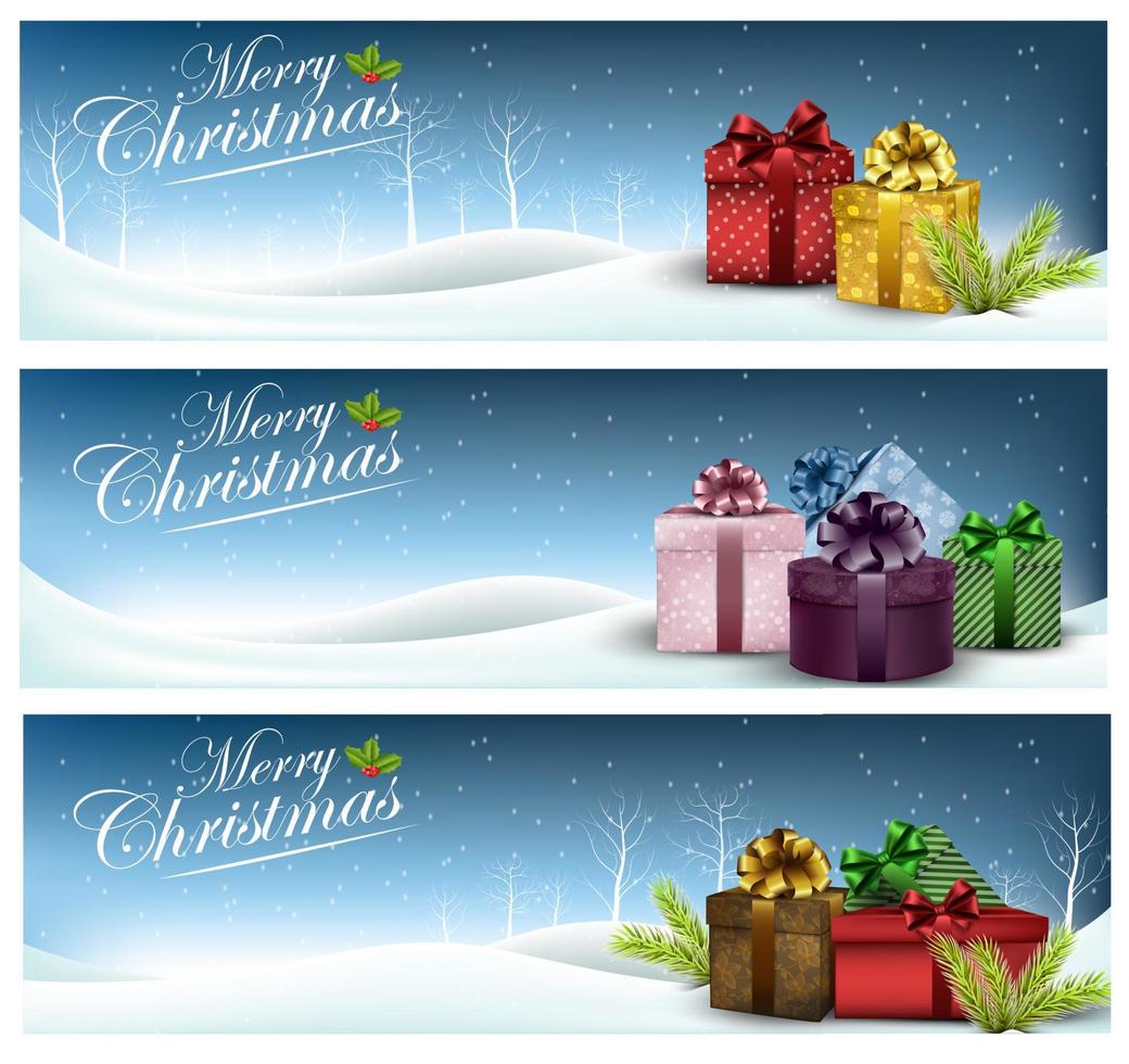 kerstbanners met geschenkdozen en lint in sneeuw .vector vector