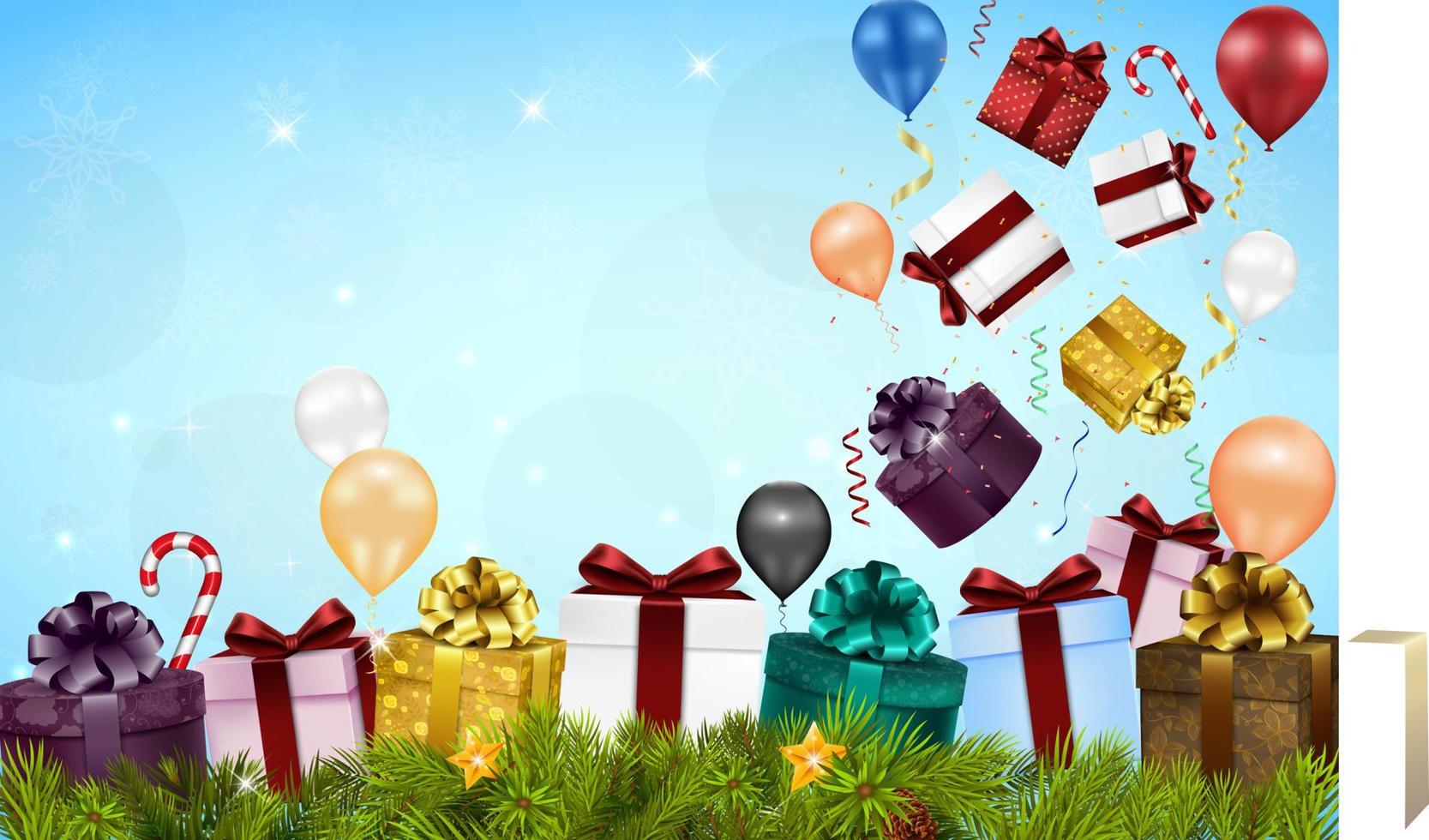 vrolijke kerstachtergrond met geschenkdozen, ballonnen, snoepjes en dennenboom vector