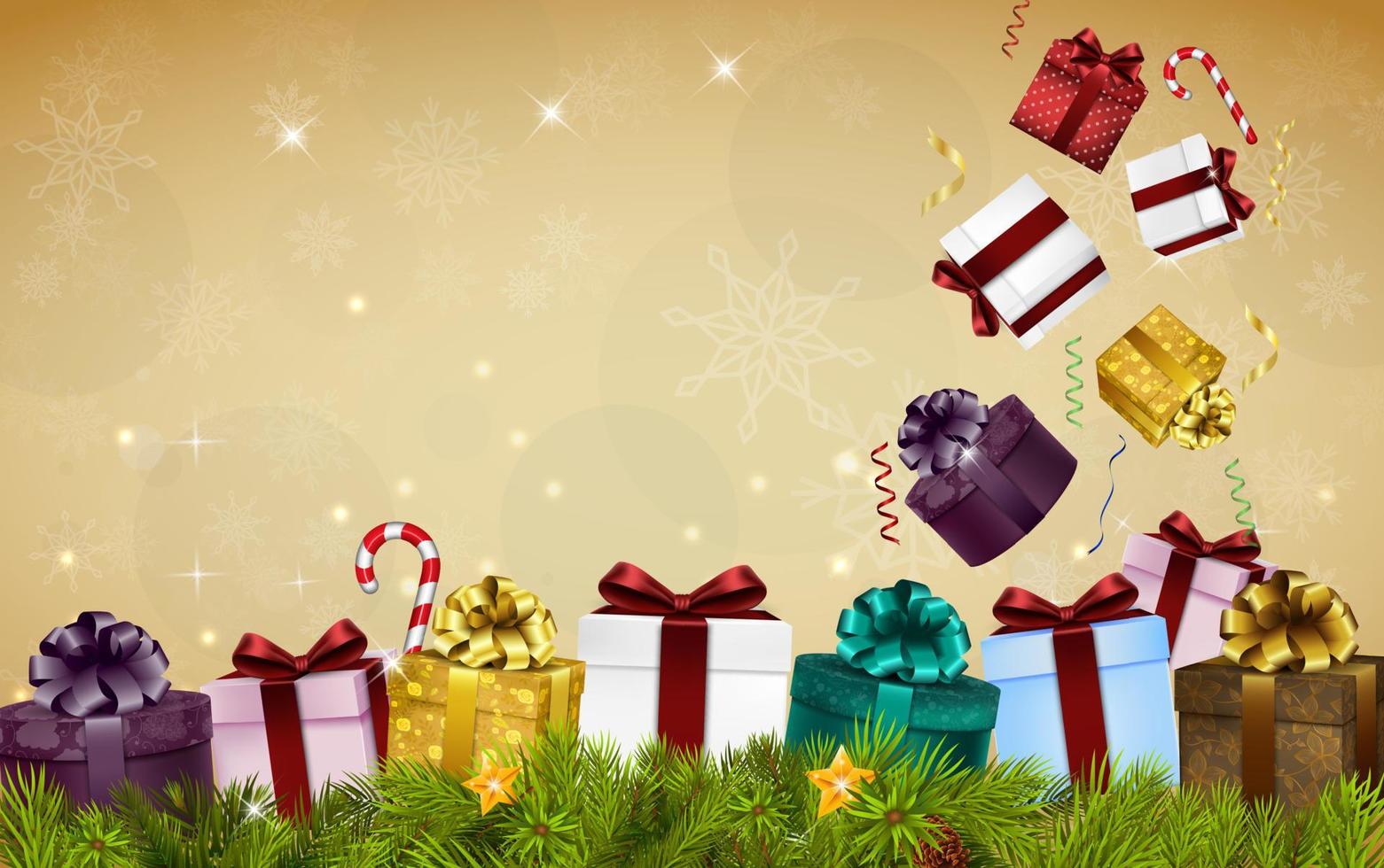 vrolijke kerstachtergrond met geschenkdozen, ballonnen, snoepjes en dennenboom vector