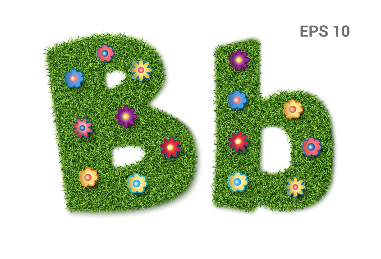 bb - kleine letters en hoofdletters van het alfabet met grastextuur. een verzameling symbolen. Moors gazon met bloemen. geïsoleerd op een witte achtergrond. vector illustratie