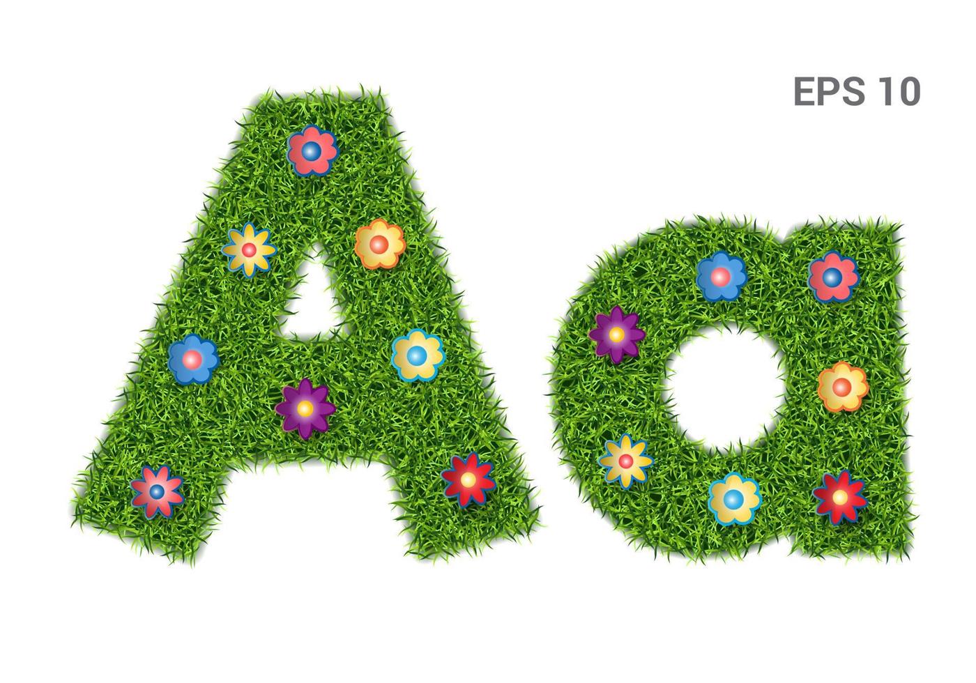 aa - hoofd- en hoofdletters van het alfabet met een textuur van gras. Moors gazon met bloemen. geïsoleerd op een witte achtergrond. vector illustratie
