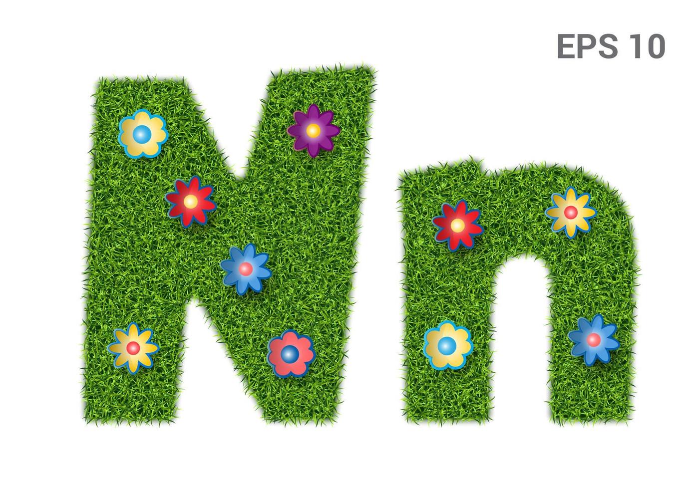 nn - hoofd- en hoofdletters van het alfabet met een textuur van gras. Moors gazon met bloemen. geïsoleerd op een witte achtergrond. vector illustratie