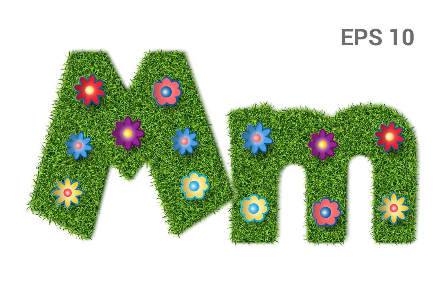 mm - hoofdletters en hoofdletters van het alfabet met een textuur van gras. Moors gazon met bloemen. geïsoleerd op een witte achtergrond. vector illustratie