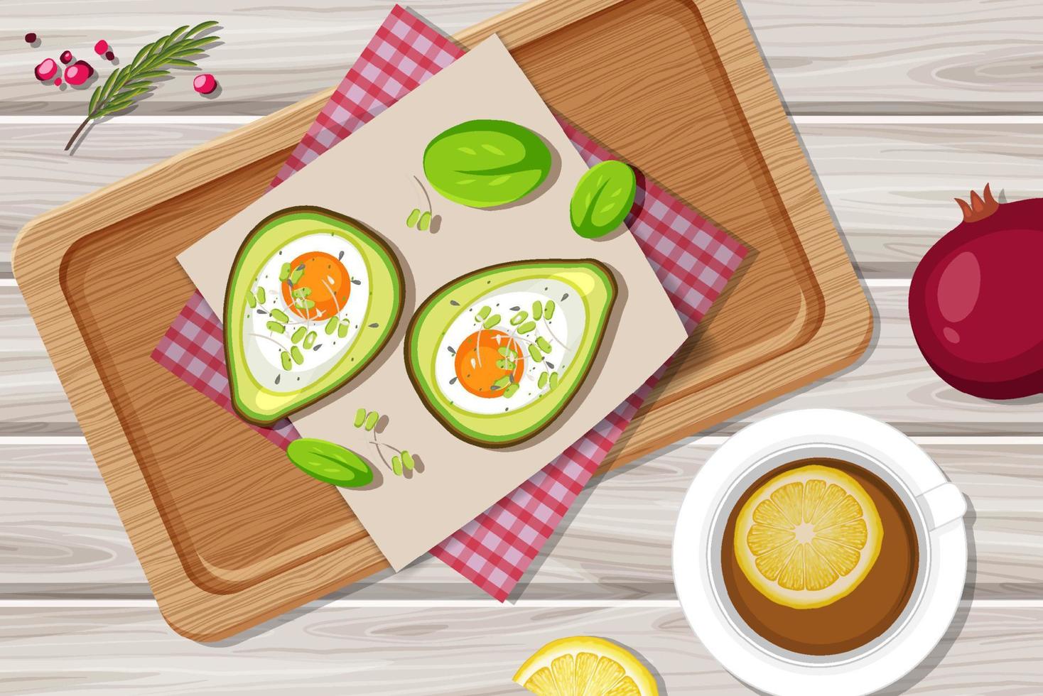 bovenaanzicht eten romig avocado-ei bakken met placemat op houten plaat op houten achtergrond vector