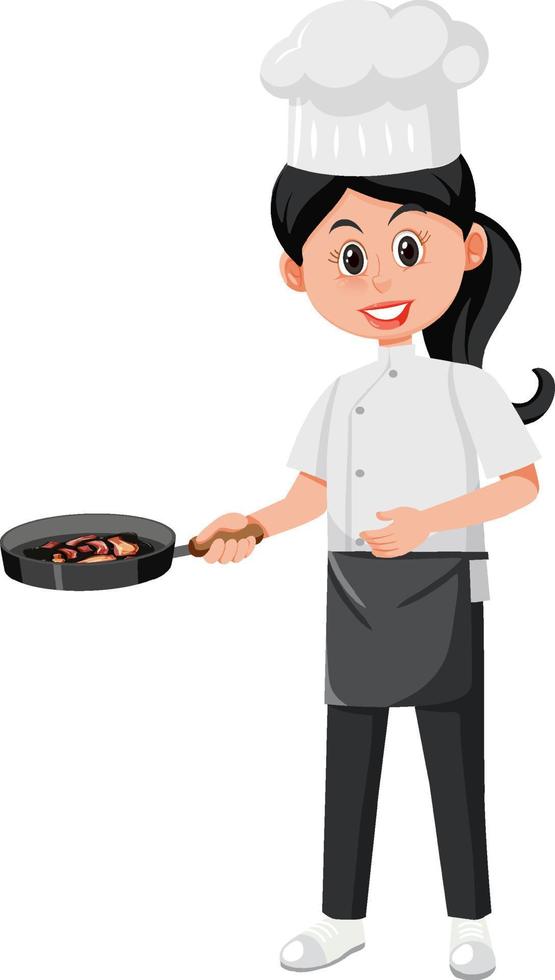chef-kok stripfiguur koken biefstuk op witte achtergrond vector