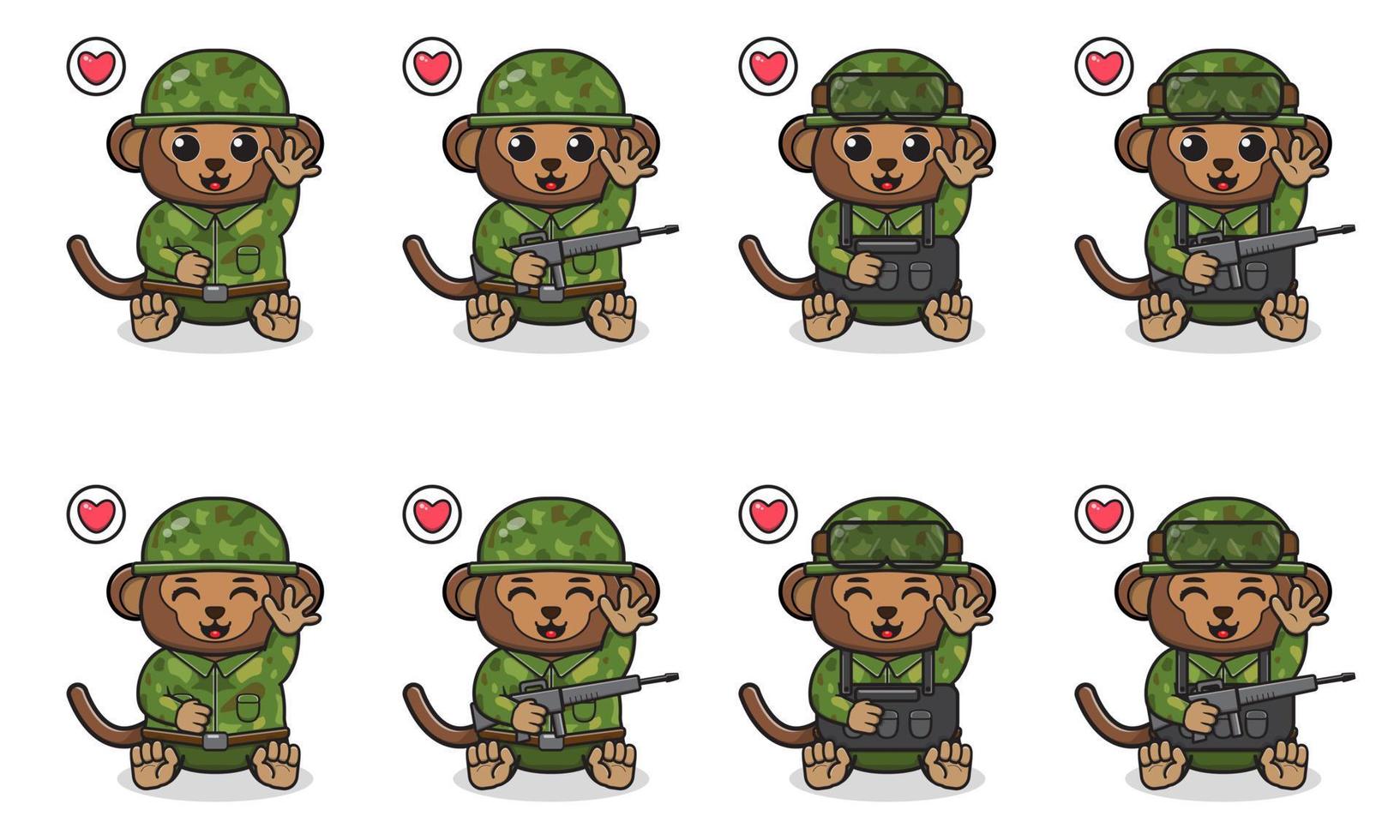 vectorillustratie van schattige zittende aap cartoon met soldaat kostuum en hand omhoog pose vector