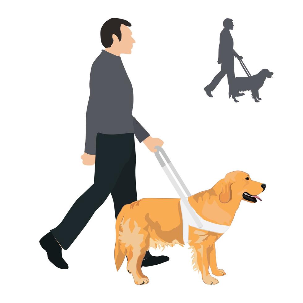 man met geleidehond op harnas en hun silhouet. vector