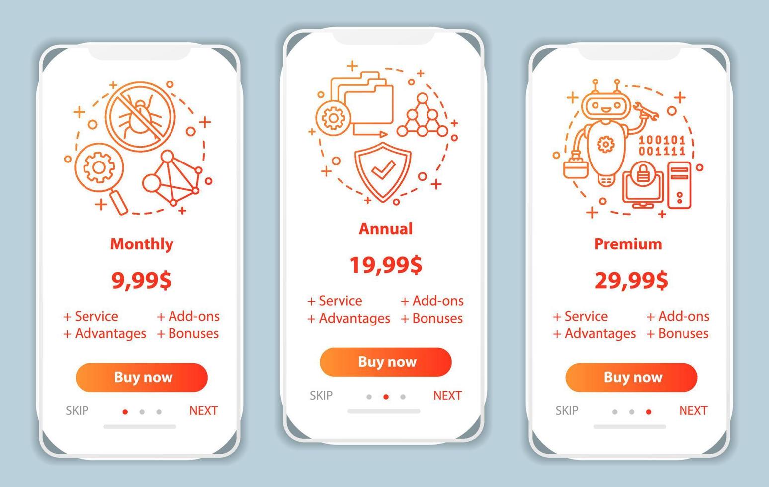 antivirusabonnement onboarding mobiele app-schermen met serviceprijzen. walkthrough webpagina's sjablonen. stappen voor tariefplannen voor antivirussoftware. webpagina-indeling voor smartphonebetaling vector