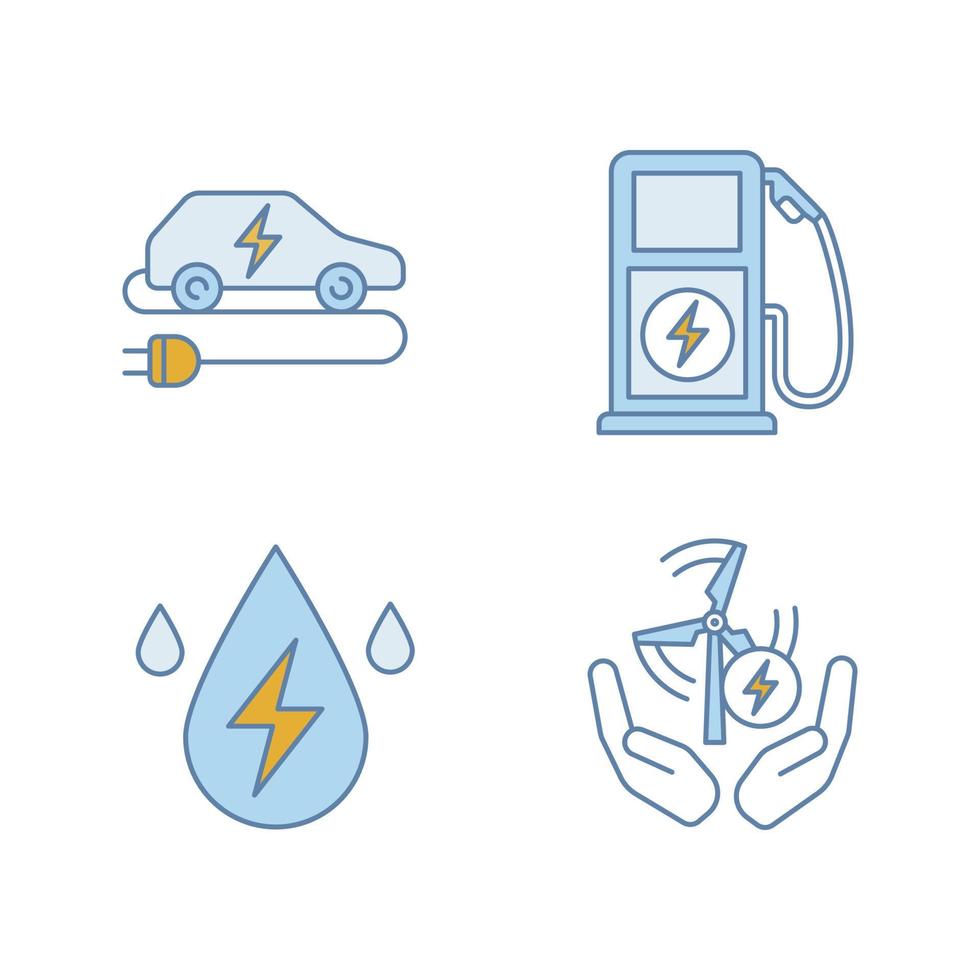 elektrische energie gekleurde pictogrammen instellen. alternatieve energiebronnen. eco-auto, water- en windenergie, laadstation voor elektrische voertuigen. geïsoleerde vectorillustraties vector