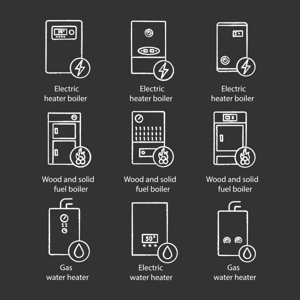 verwarming krijt pictogrammen instellen. gas, elektrisch, vaste brandstof, boilers en boiler. commerciële, industriële en huishoudelijke centrale verwarmingssystemen. geïsoleerde vector schoolbord illustraties