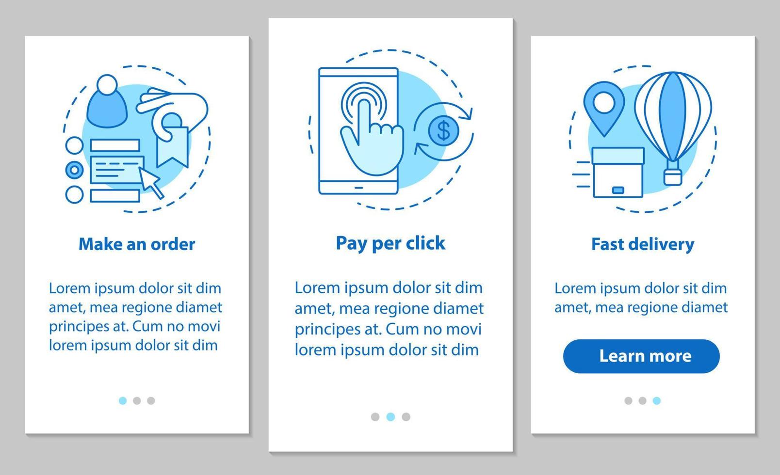 online winkelen onboarding mobiele app paginascherm met lineaire concepten. digitale aankoop. een bestelling plaatsen, betalen per klik, snelle levering. stappen grafische instructies. ux, ui, gui vectorillustraties vector