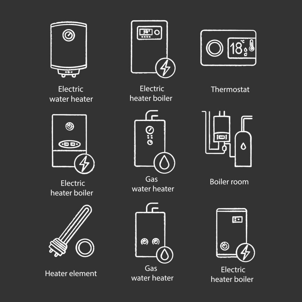 verwarming krijt pictogrammen instellen. boilers, heaters, thermostaat, stookruimte. gas en elektrische boiler. commerciële, industriële en huishoudelijke centrale verwarmingssystemen. geïsoleerde vector schoolbord illustraties