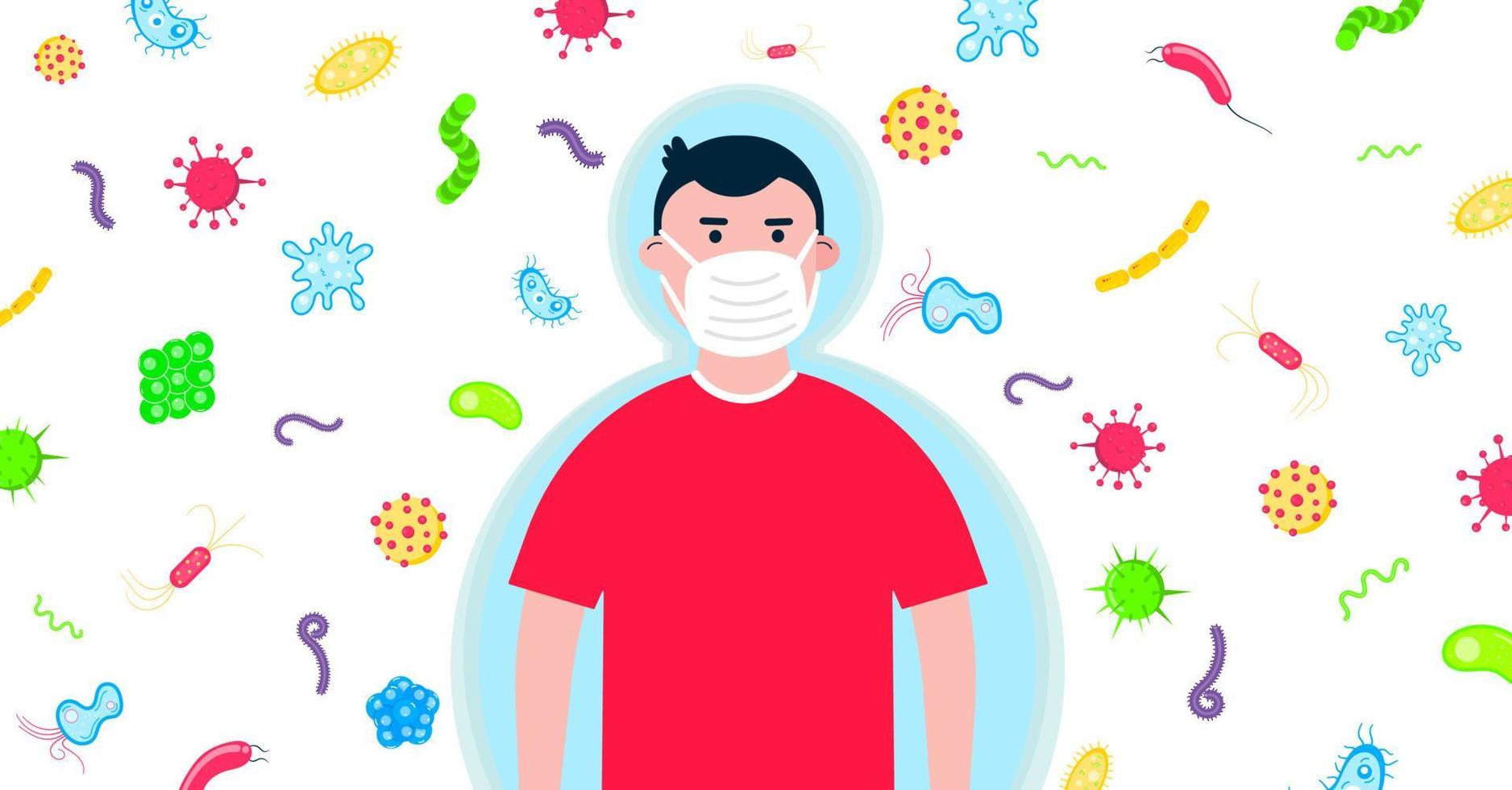 jongen jongen met beschermingsmasker met bacteriën en microben achter hem vlakke stijl ontwerp vectorillustratie geïsoleerd op een witte achtergrond. griep en seizoen ziekten bescherming concept. wees gezond vector