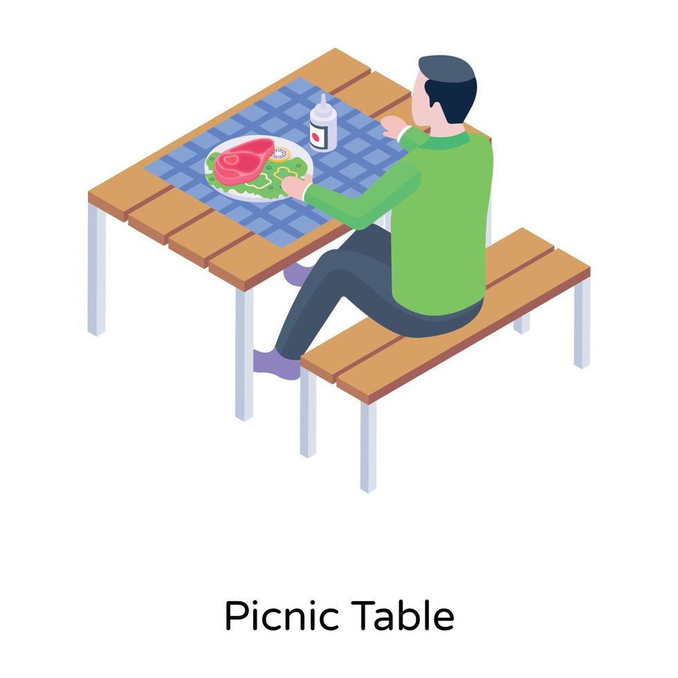 persoon die buiten eet, isometrisch icoon van picknicktafel vector