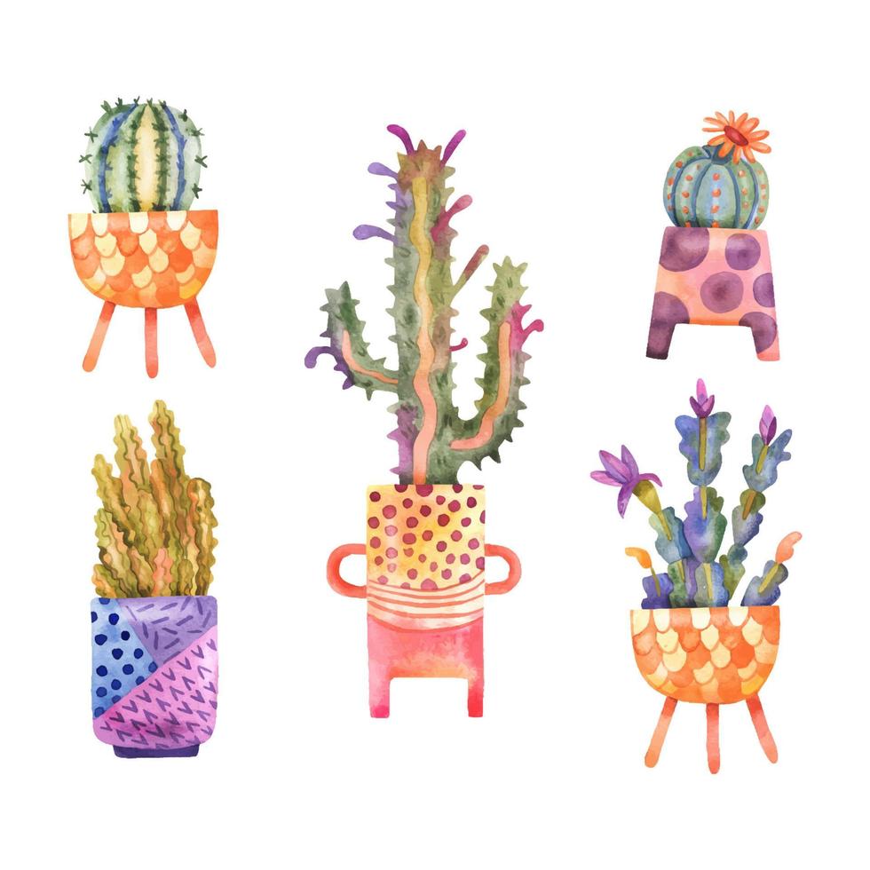 aquarel cactussen in potten collectie. met de hand getekende cactus en vetplanten in kleurrijke en schattige potten op wit wordt geïsoleerd vector