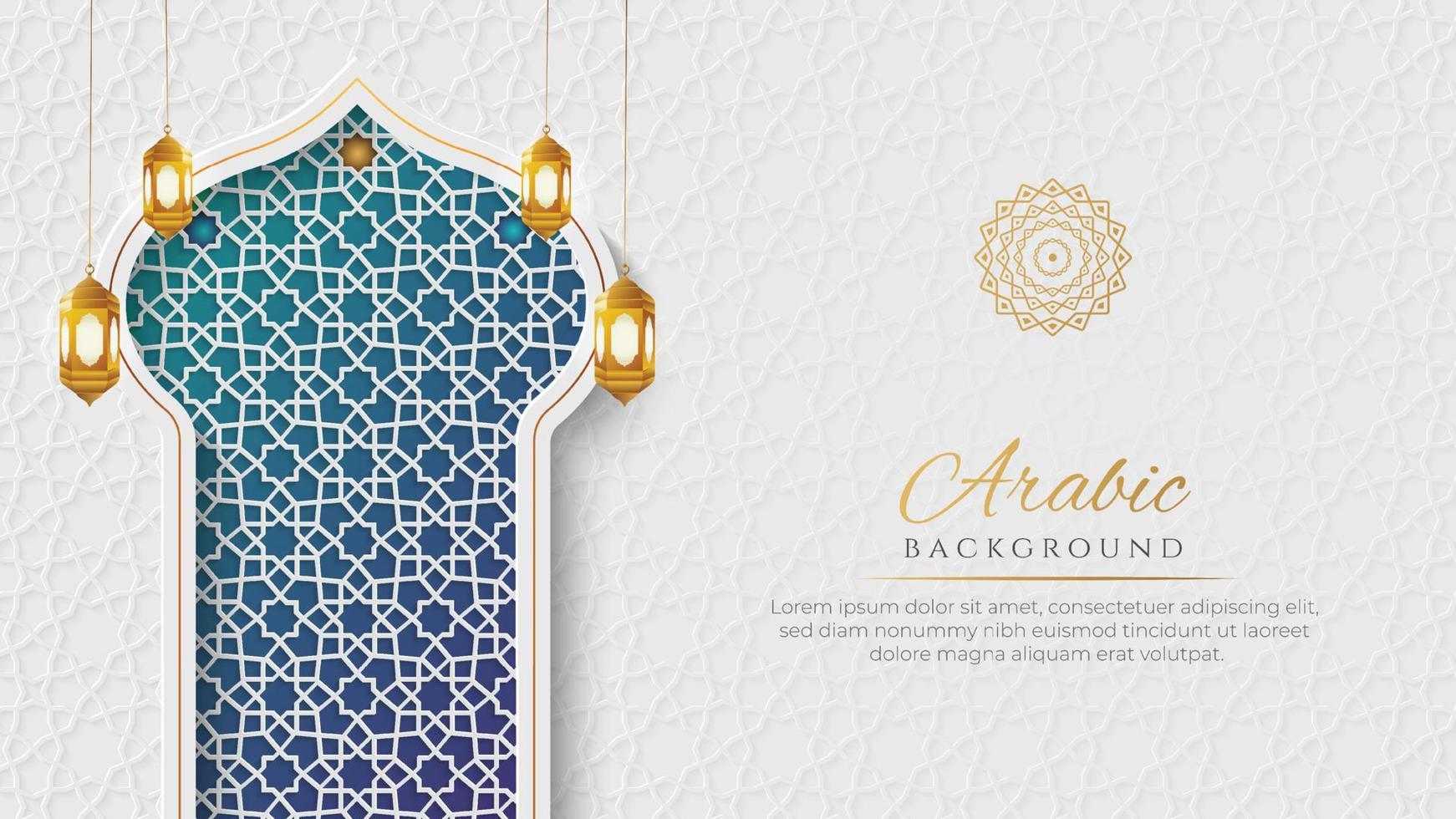 witte en blauwe luxe islamitische boogachtergrond met decoratief ornamentpatroon vector