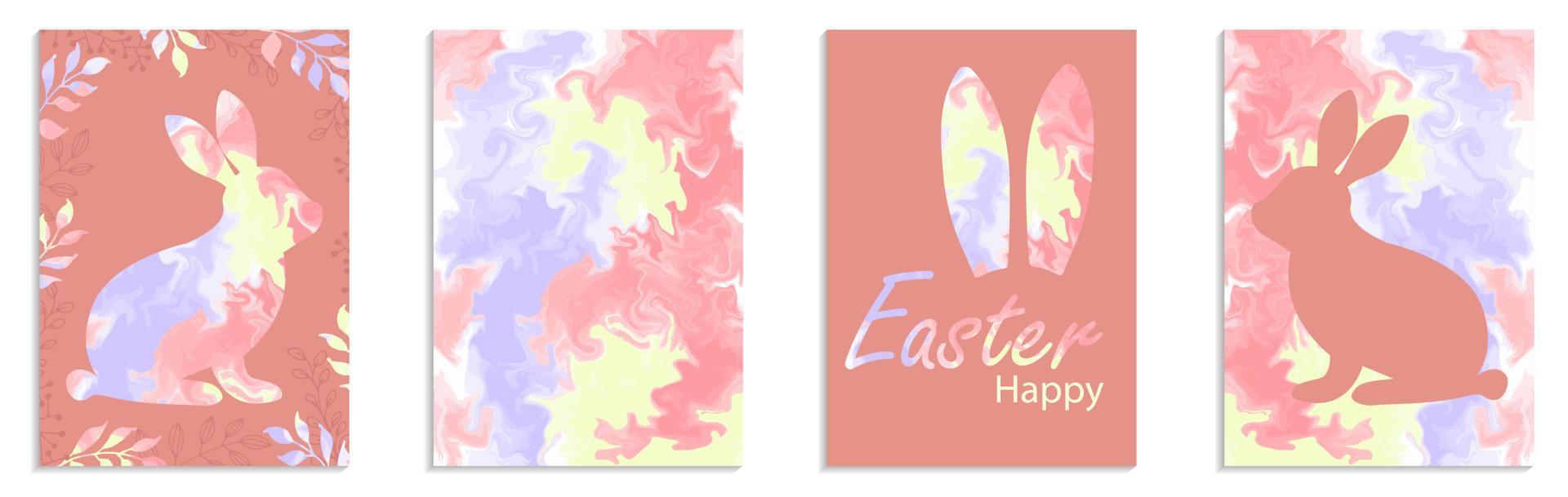 gelukkig Pasen. konijn silhouet marmeren patroon. set kaarten voor banner, wenskaarten, uitnodigingen. feestelijke a4-sjabloon. vectorillustratie. vector