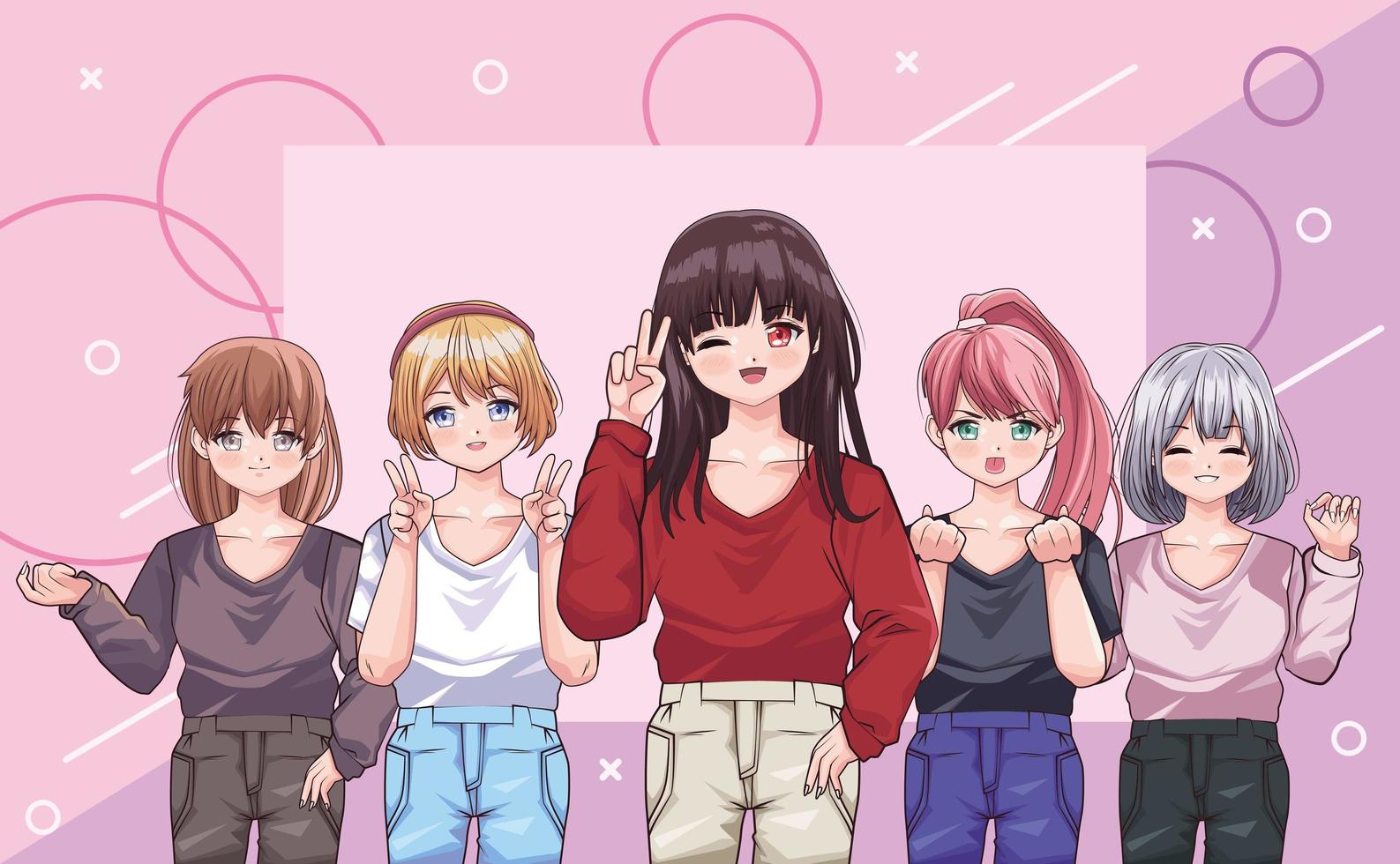 groep meisjes anime-stijl vector
